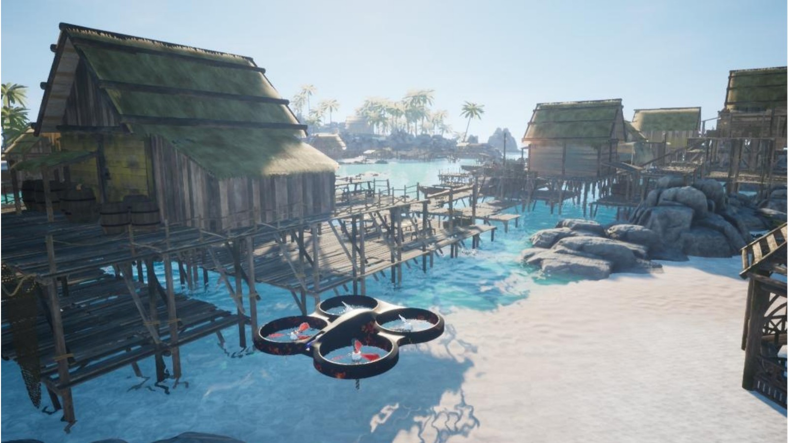 A simulated delivery drone flying through a coastal settlement