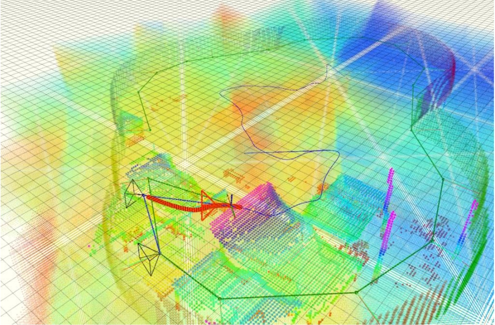 A 3D semantic map with explored regions, candidate viewpoints, and planned UAV trajectories
