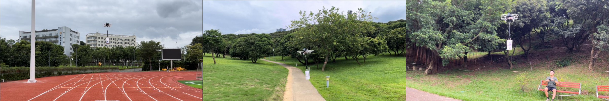 A custom quadrotor taking off, exploring a park, and reaching a user carrying a suspended package