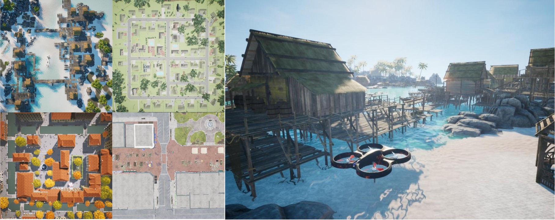 Four AirSim environments and a delivery drone flying through a coastal scene